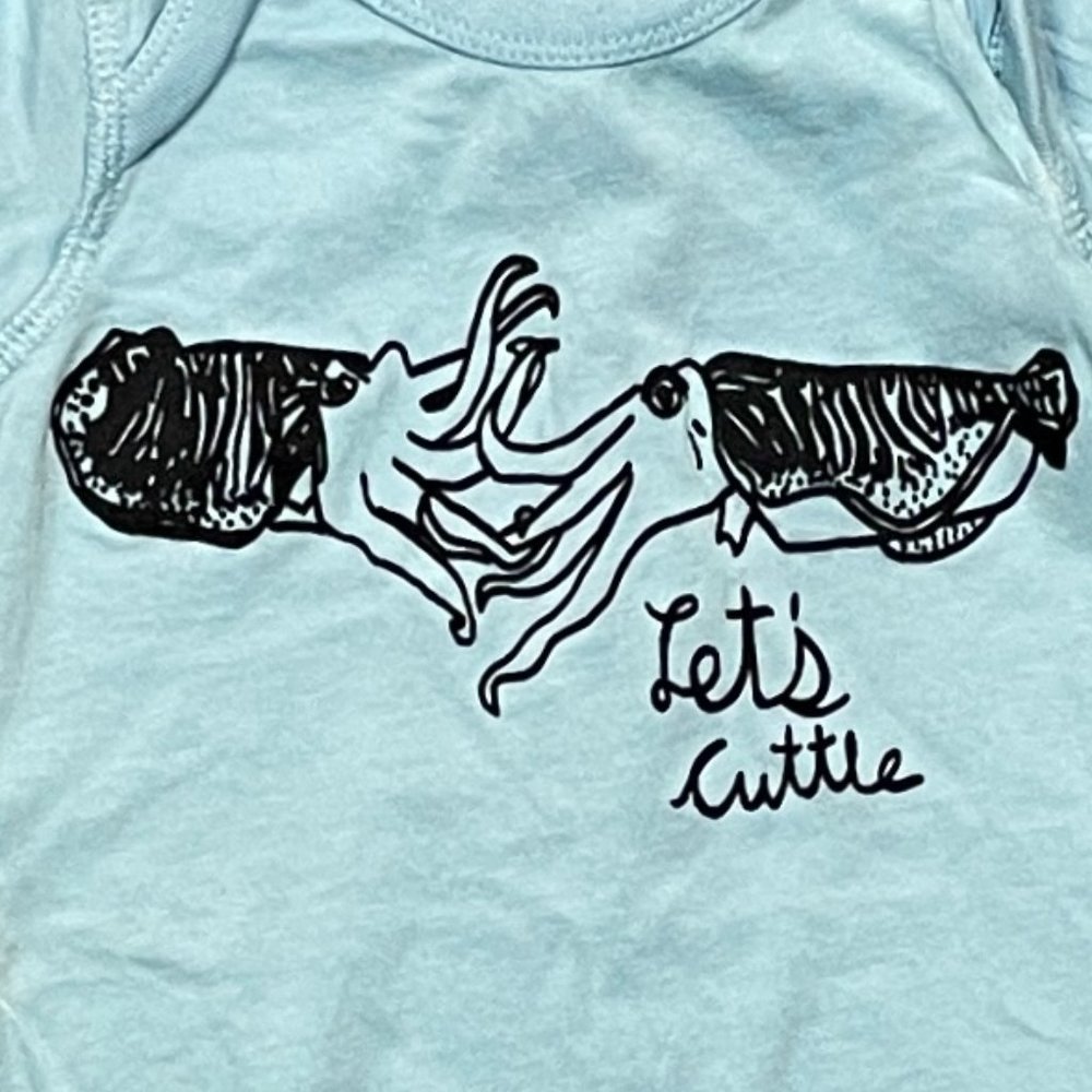Rabbit Skins Light Blue Onesie 12 months --  "Let's Cuttle"